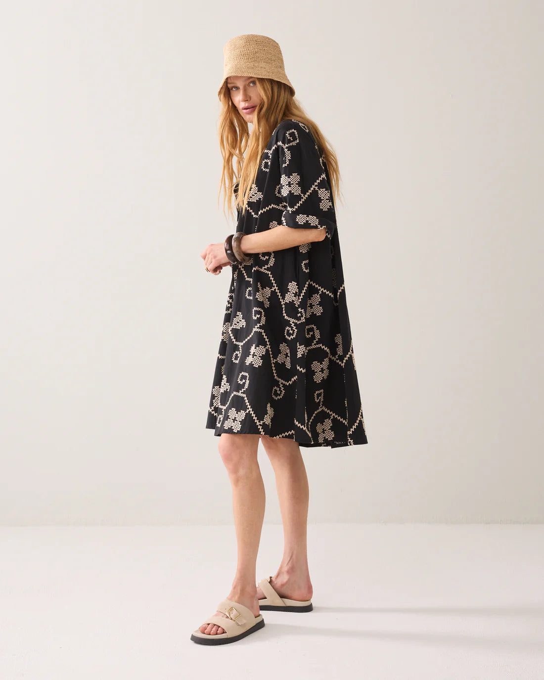 100% Cotton Embroidered A Line Tunic Dress in Black and Cream
