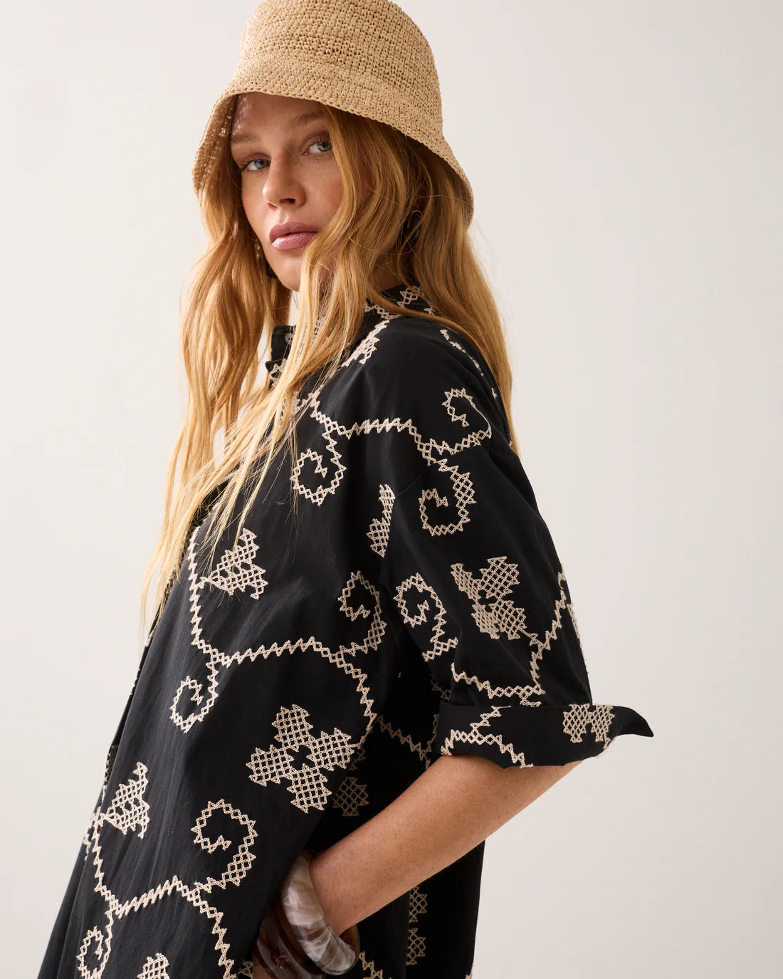 100% Cotton Embroidered A Line Tunic Dress in Black and Cream