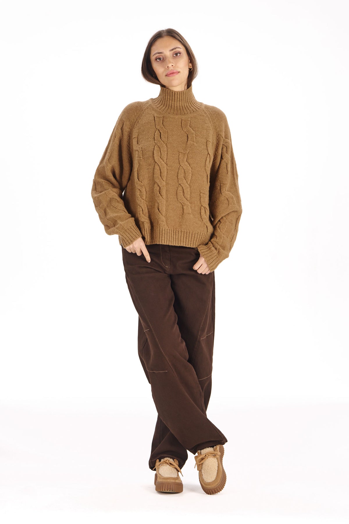 100% Lambswool Broken Cable Jumper in Camel