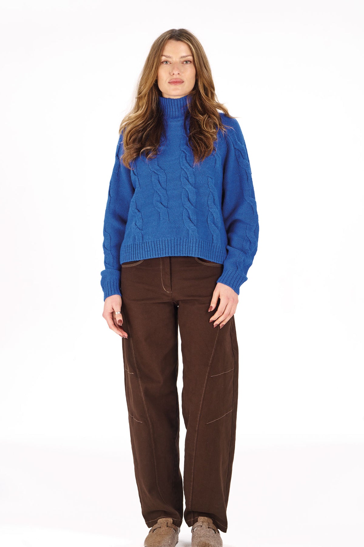 100% Lambswool Broken Cable Jumper in Cobalt