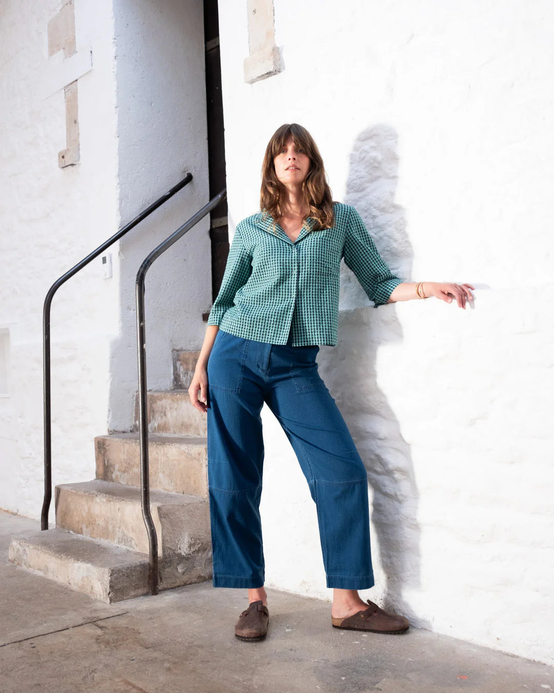 100% Organic Cotton Gina Blouse in Jade Gingham Check