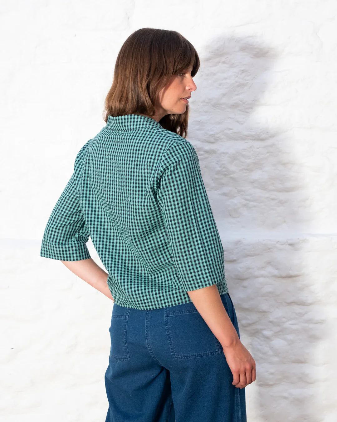 100% Organic Cotton Gina Blouse in Jade Gingham Check