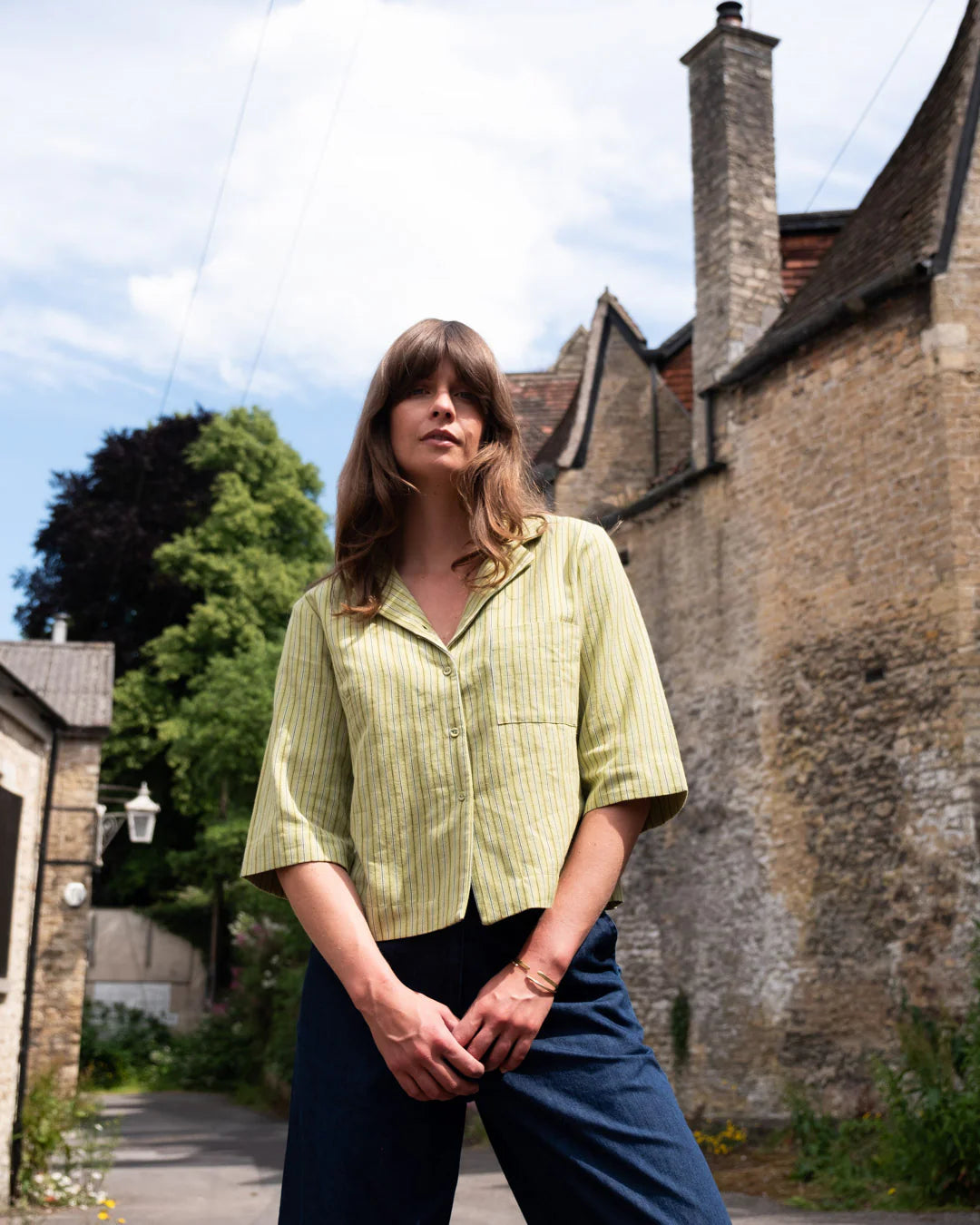 100% Organic Cotton Gina Blouse in Avocado Stripe