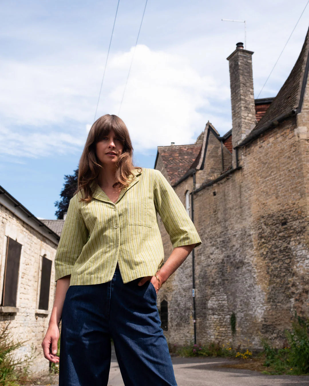 100% Organic Cotton Gina Blouse in Avocado Stripe