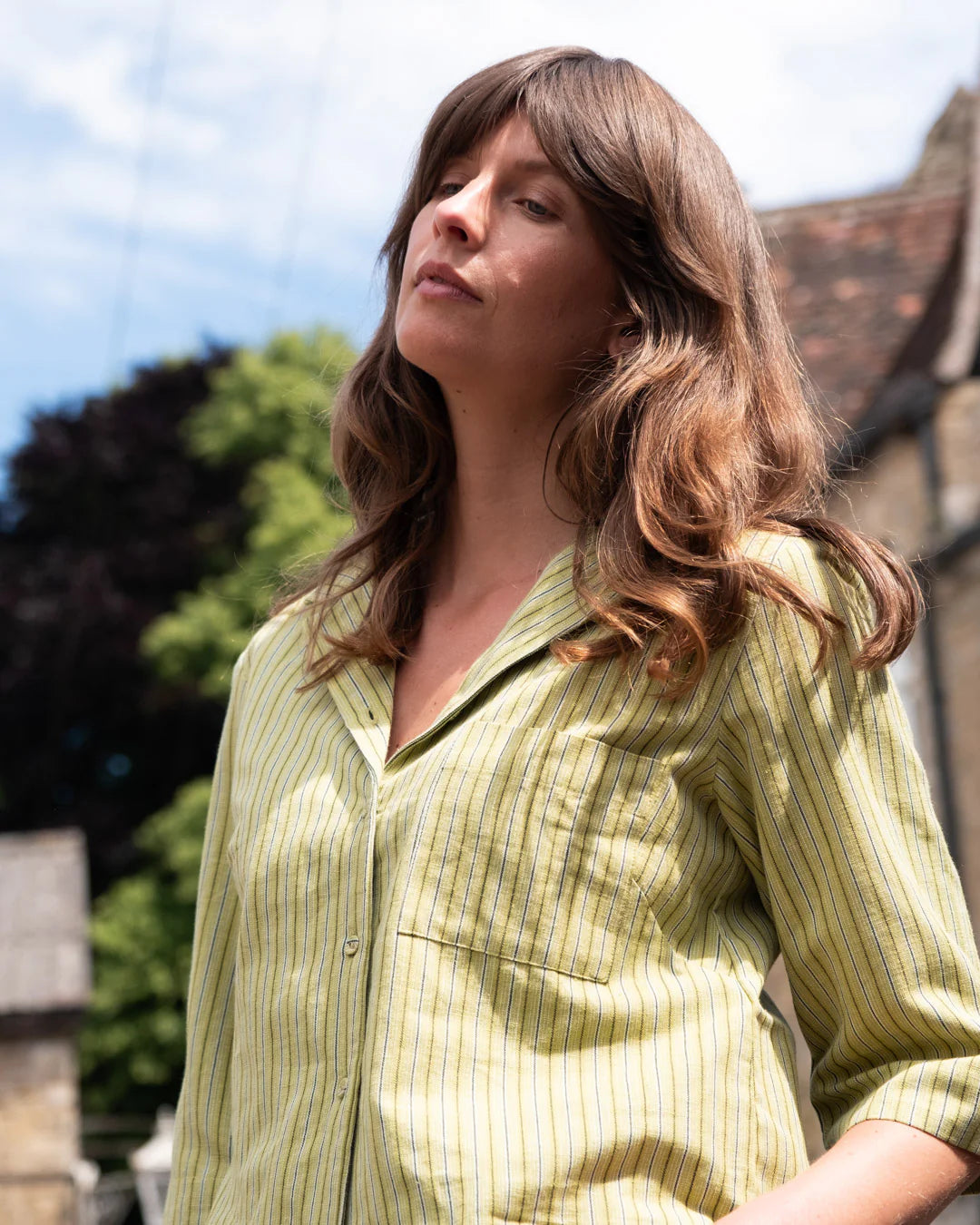 100% Organic Cotton Gina Blouse in Avocado Stripe