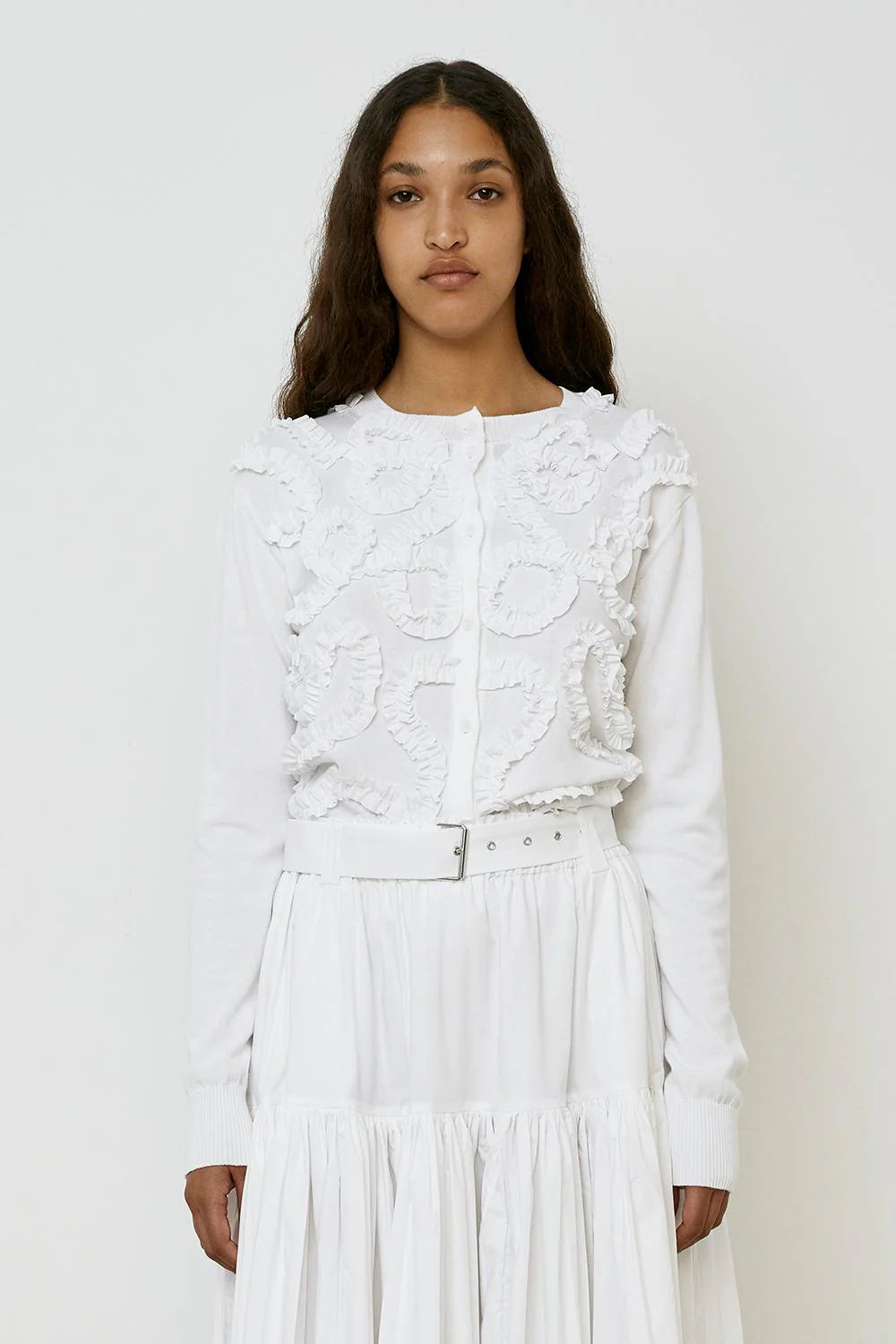 100% Cotton Cardigan with ruffles in Bright White