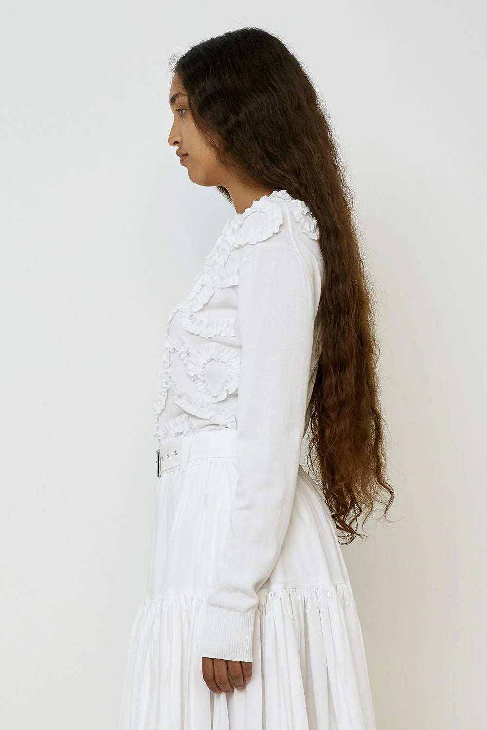 100% Cotton Cardigan with ruffles in Bright White