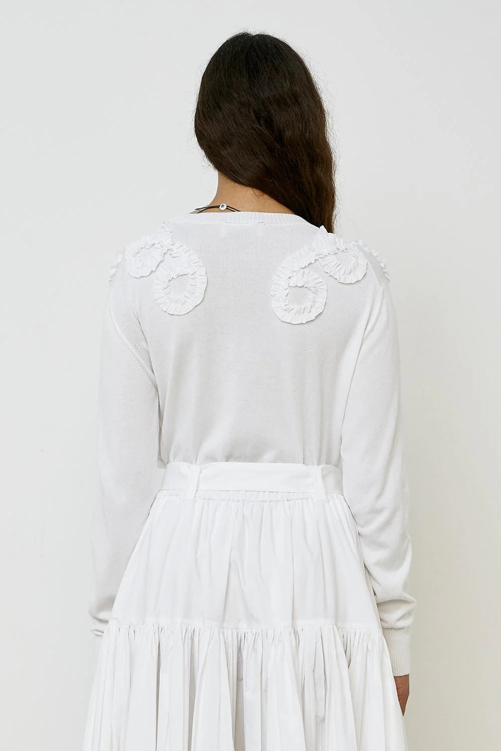 100% Cotton Cardigan with ruffles in Bright White