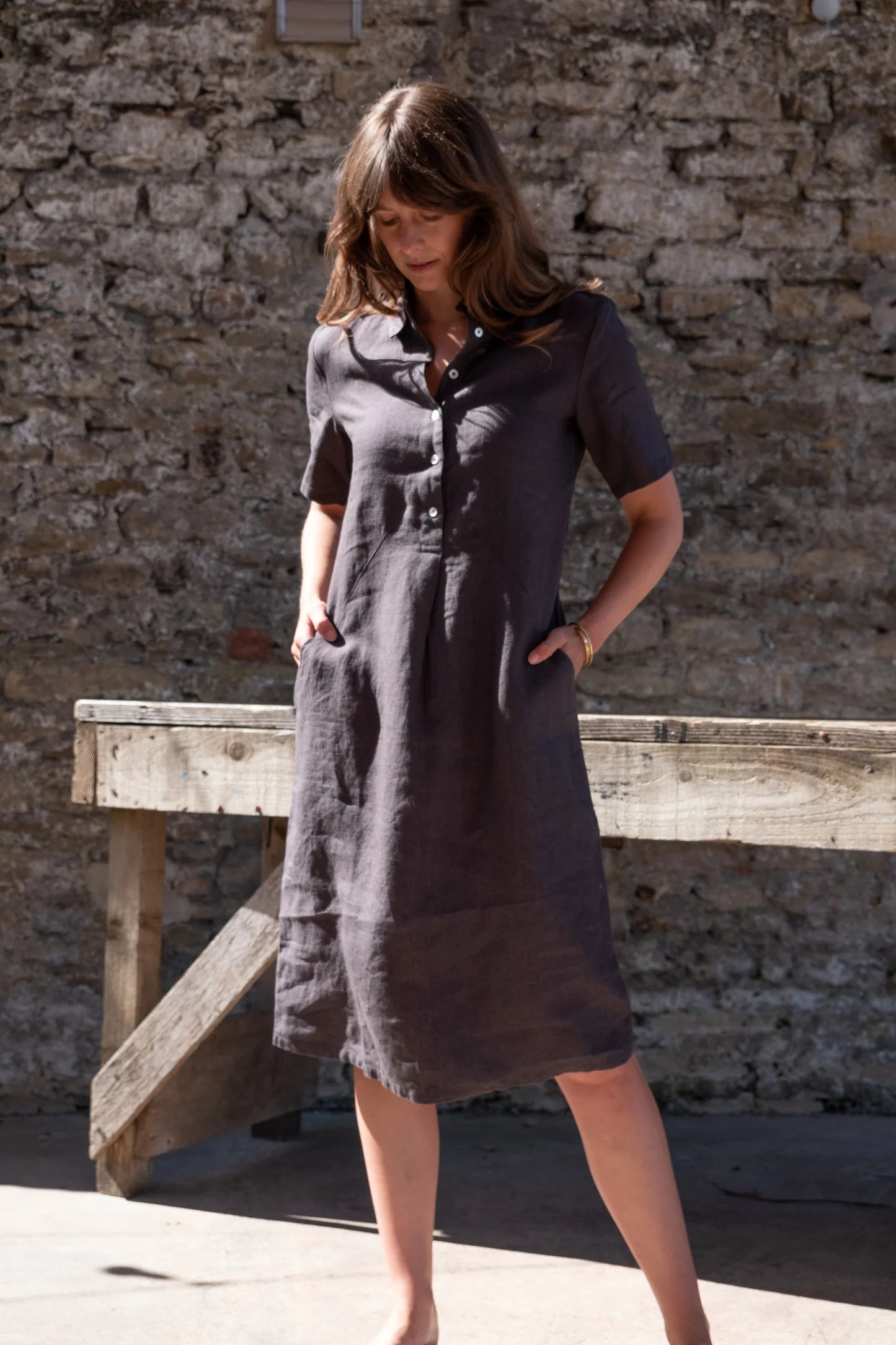 100% Linen Alexa Shirt Dress in Charcoal
