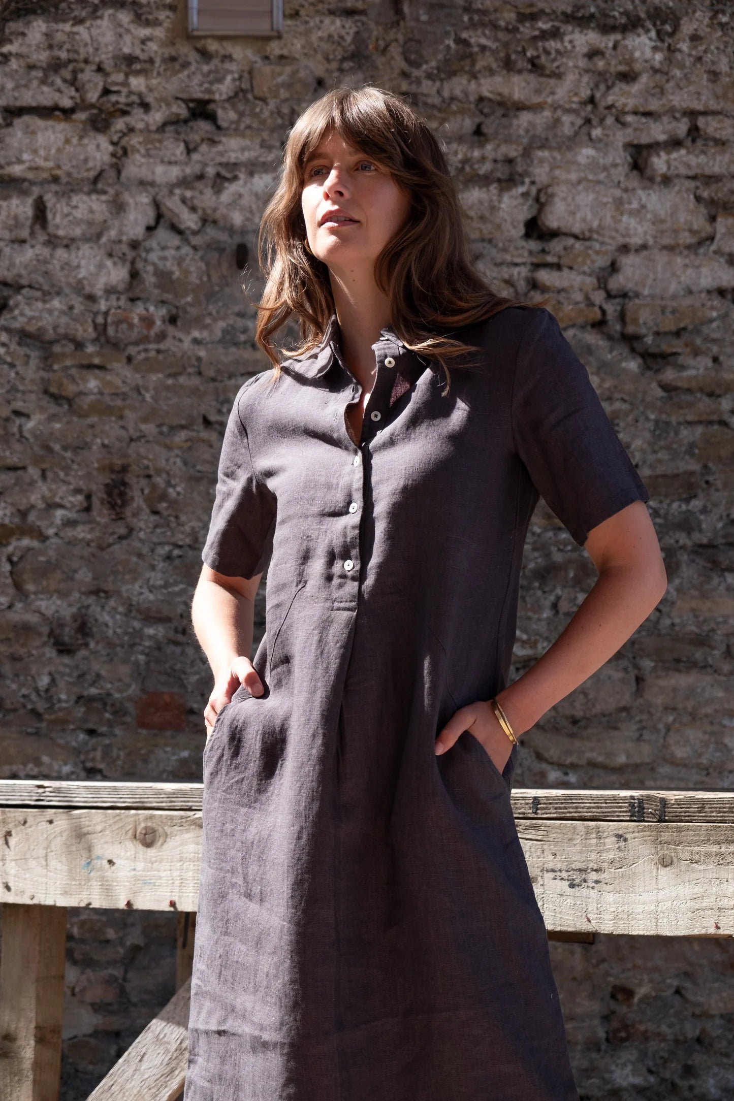 100% Linen Alexa Shirt Dress in Charcoal
