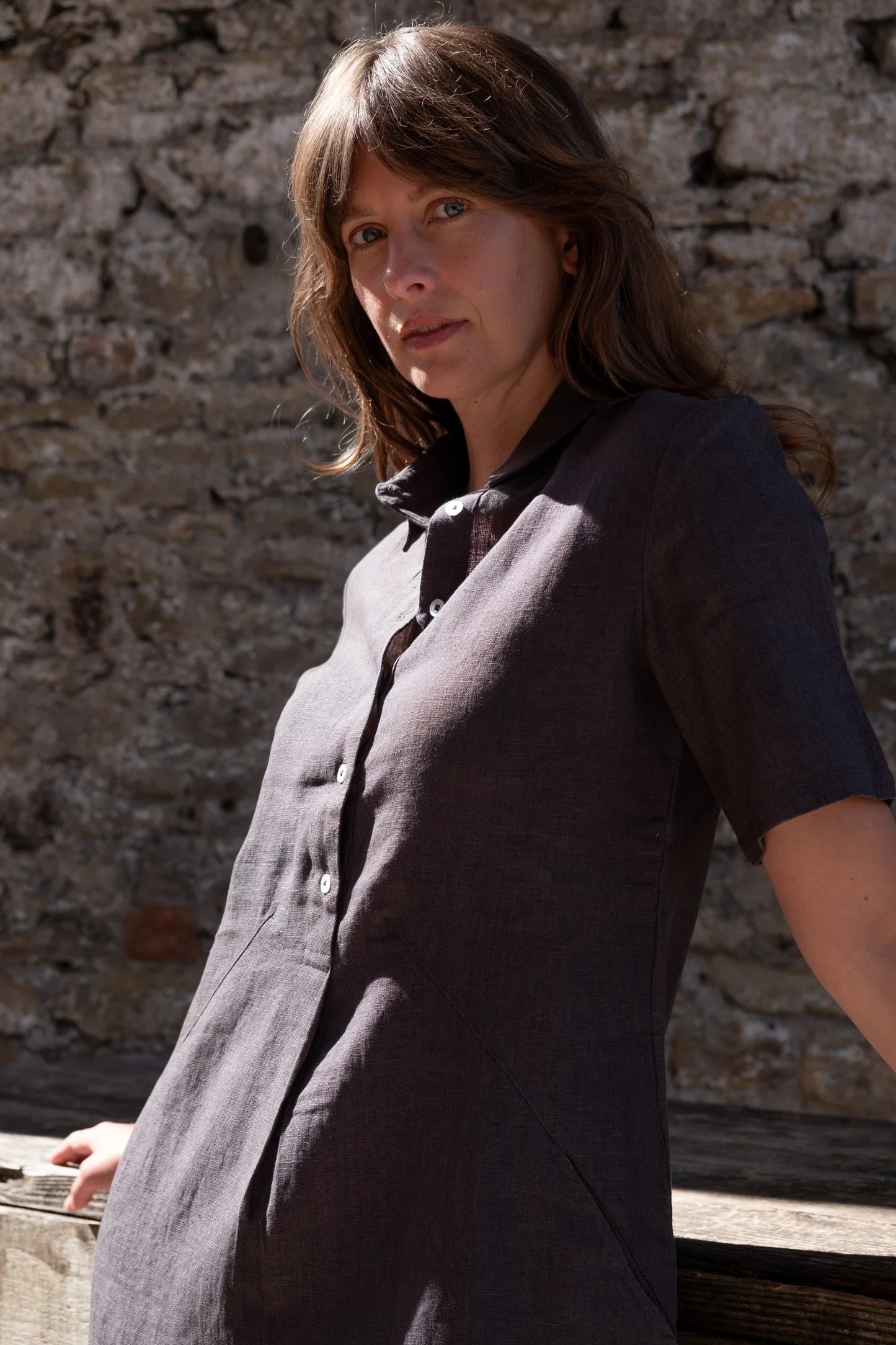 100% Linen Alexa Shirt Dress in Charcoal