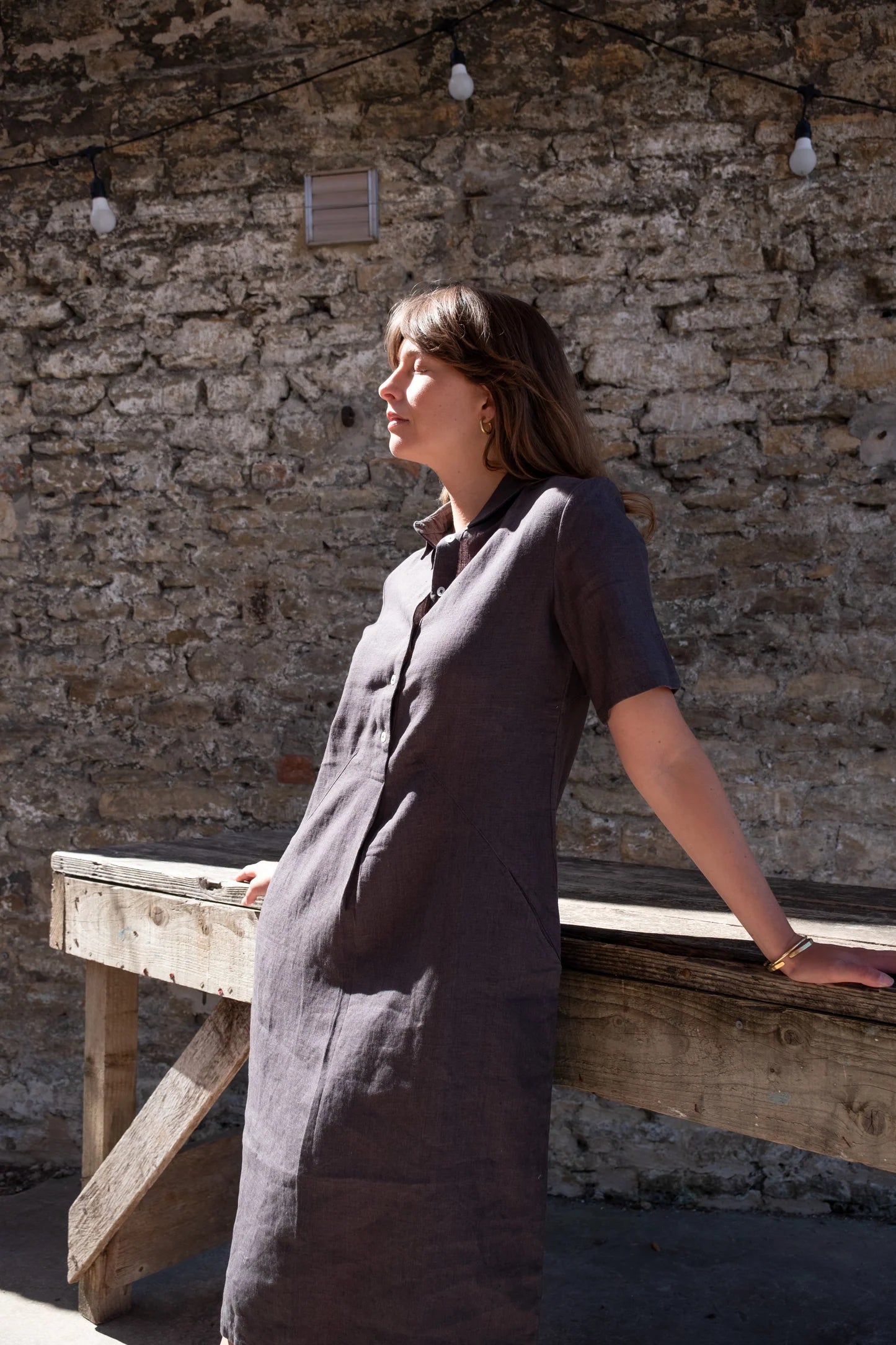 100% Linen Alexa Shirt Dress in Charcoal