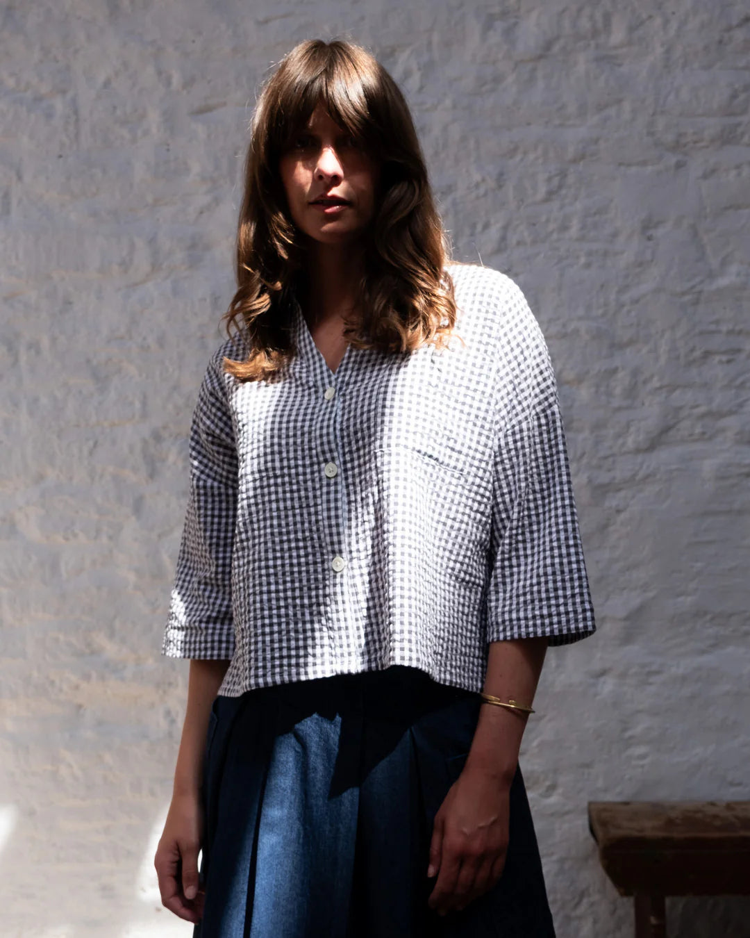 100% Organic Cotton Ada Blouse in Dove Grey Gingham Check
