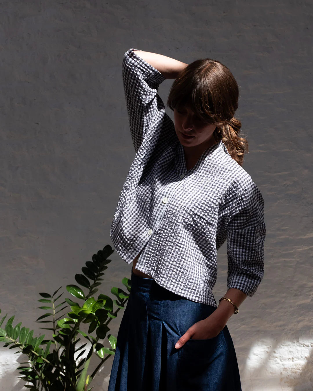 100% Organic Cotton Ada Blouse in Dove Grey Gingham Check