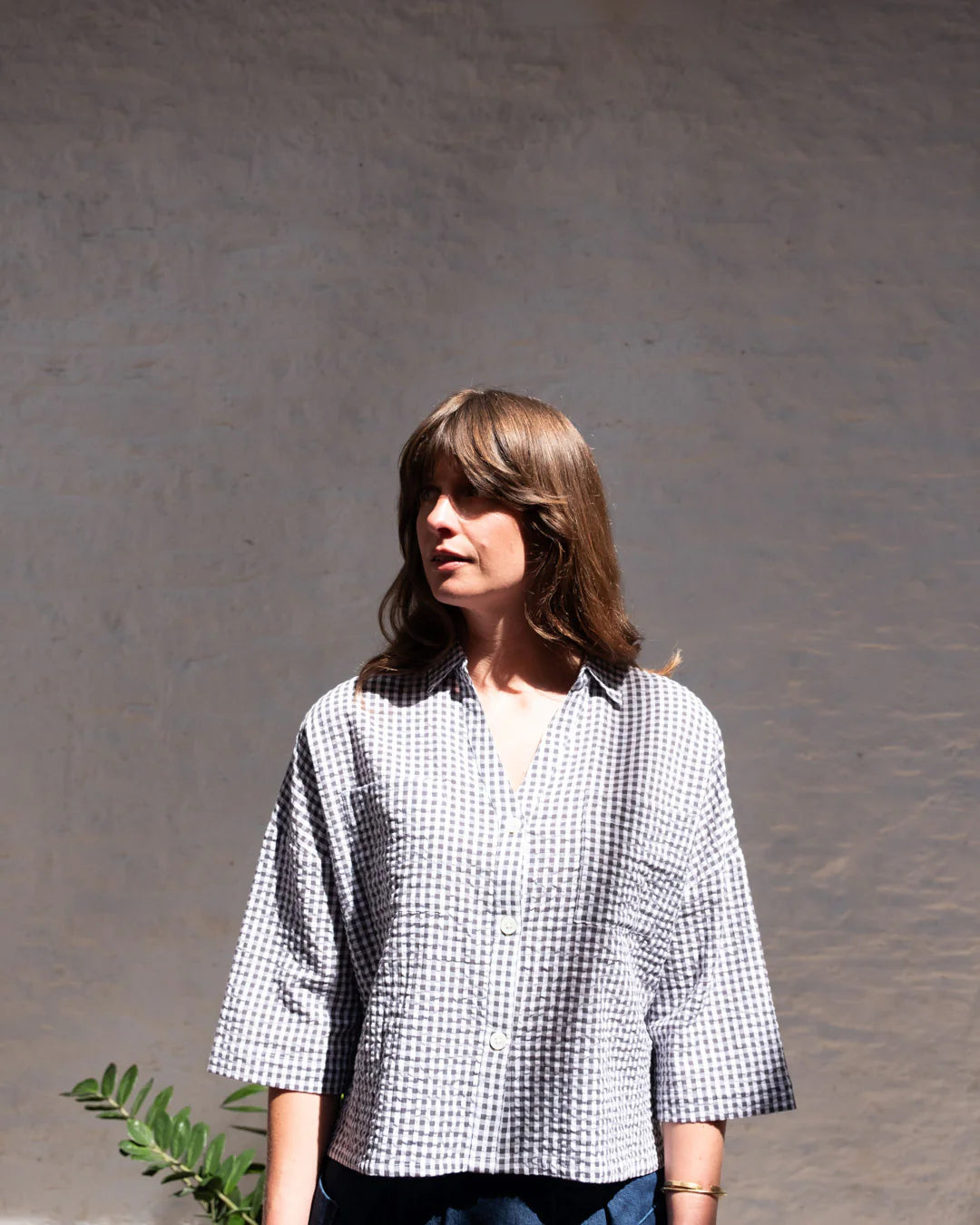 100% Organic Cotton Ada Blouse in Dove Grey Gingham Check