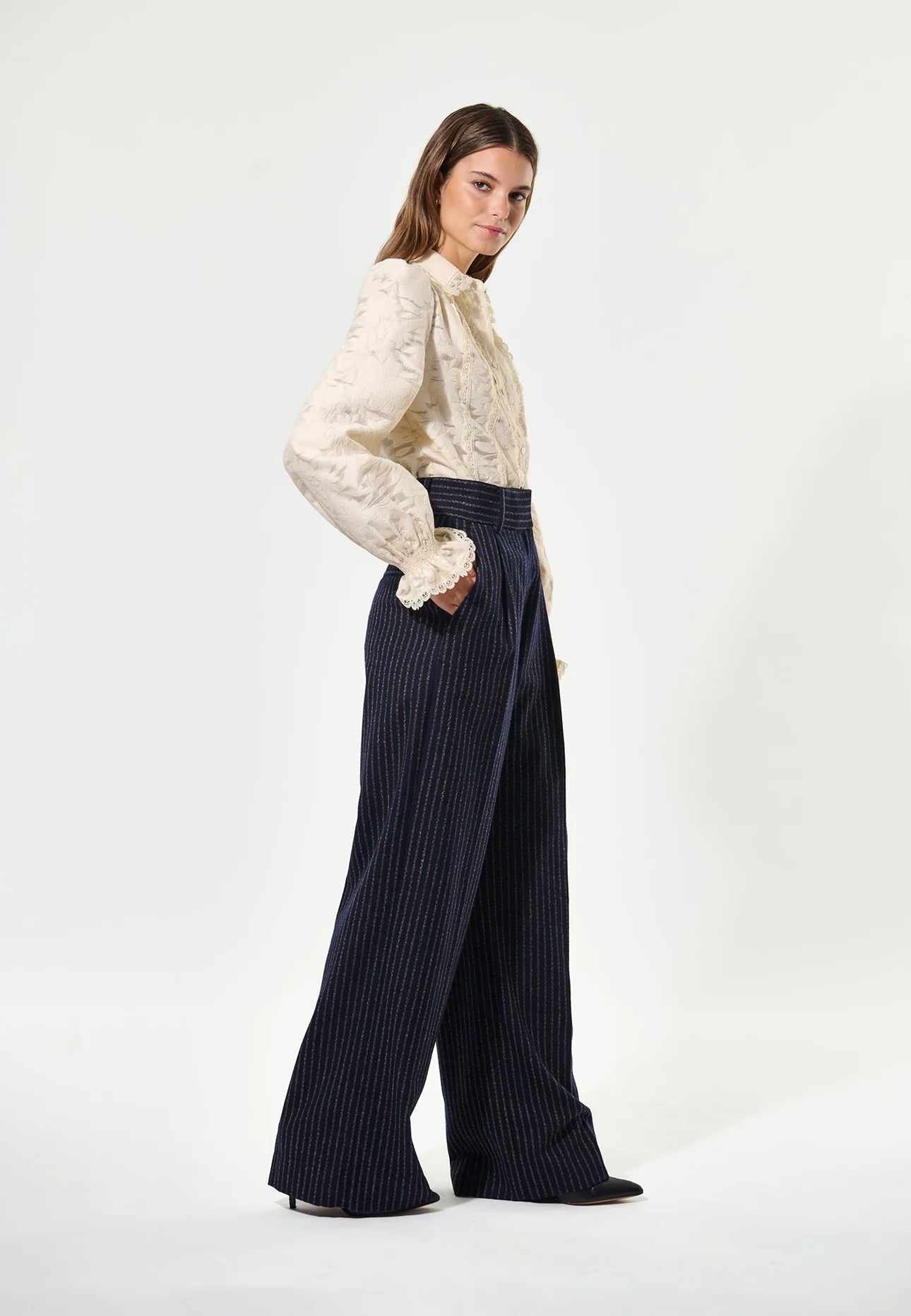 Casitia Dea Wide Leg Trousers in Blue Pinstripe