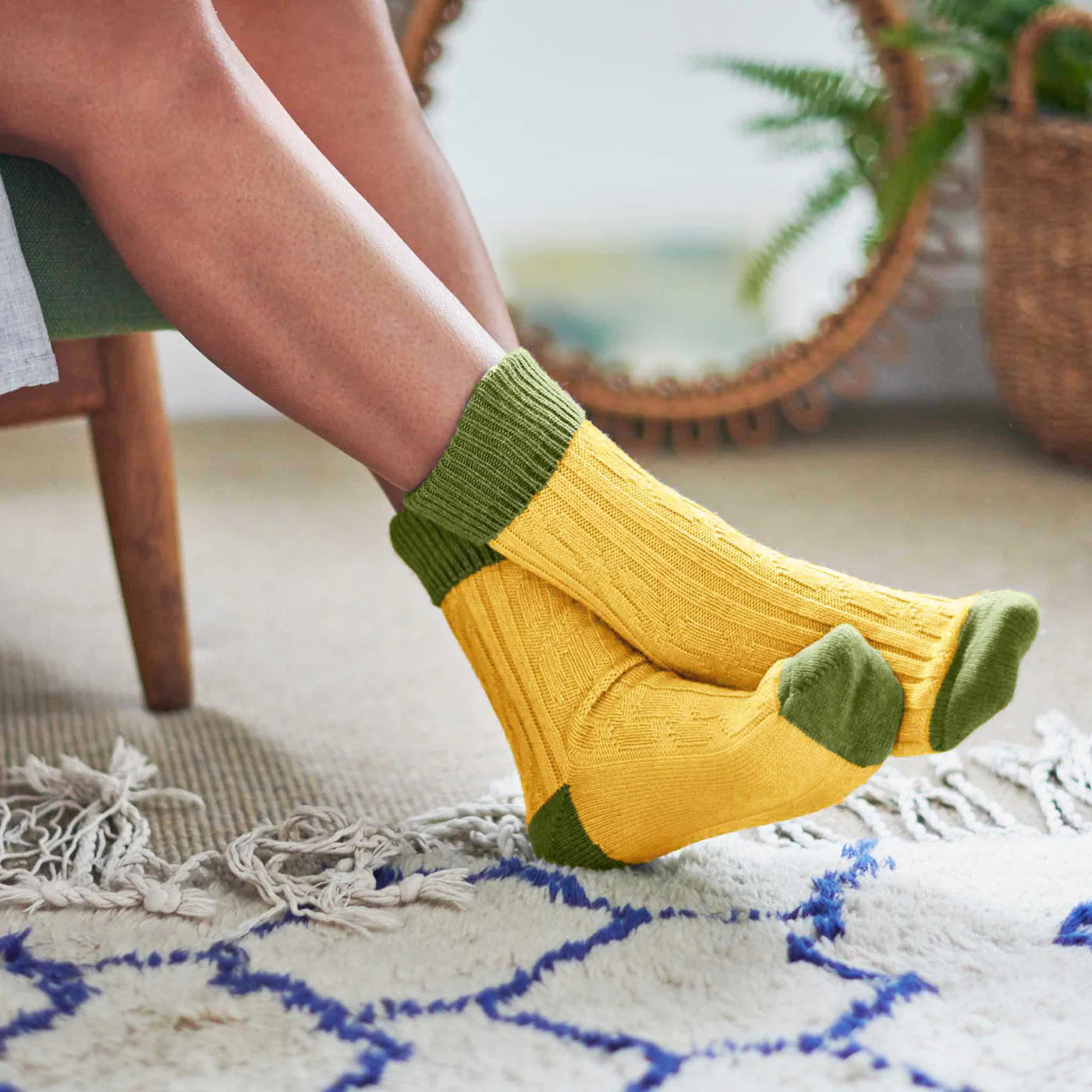 Cashmere Blend Socks in Mustard and Olive Green