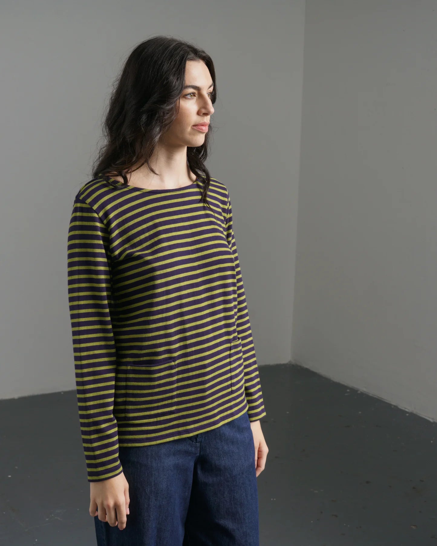 100% Organic Cotton Sailor T in Navy and Green Stripe
