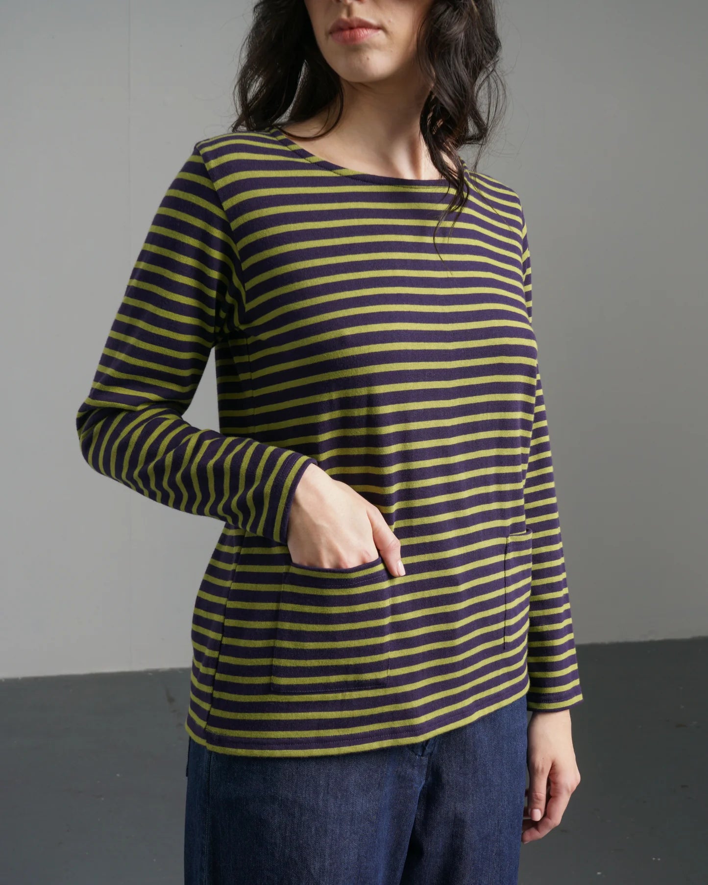 100% Organic Cotton Sailor T in Navy and Green Stripe