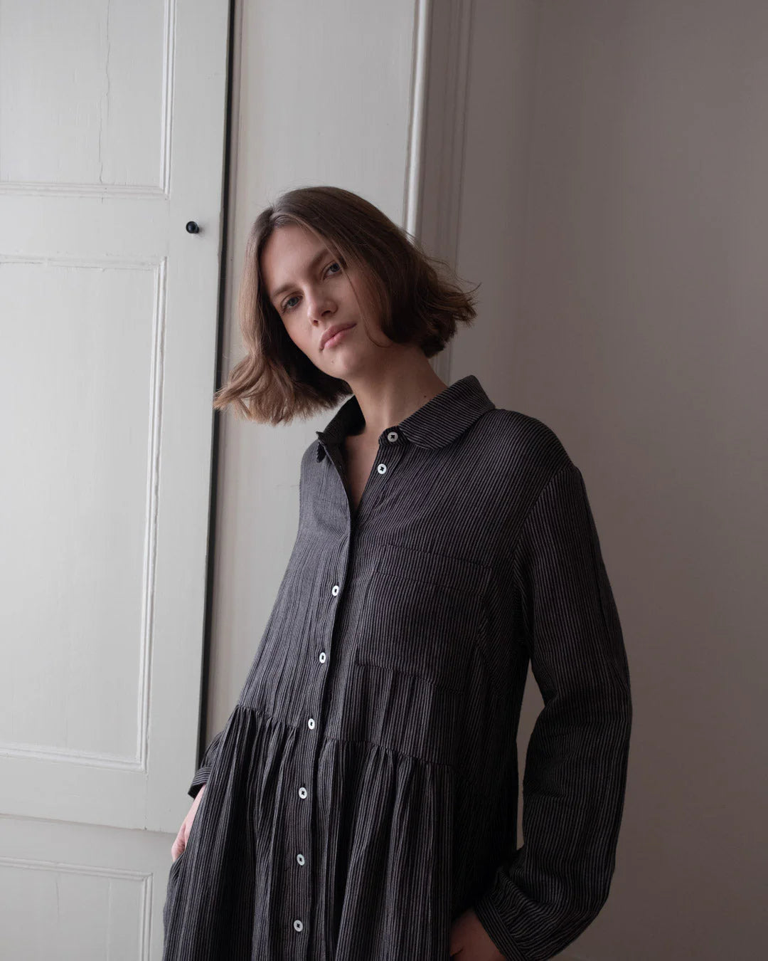 Bea 100% Organic Cotton Shirt Dress in Grey Pinstripe