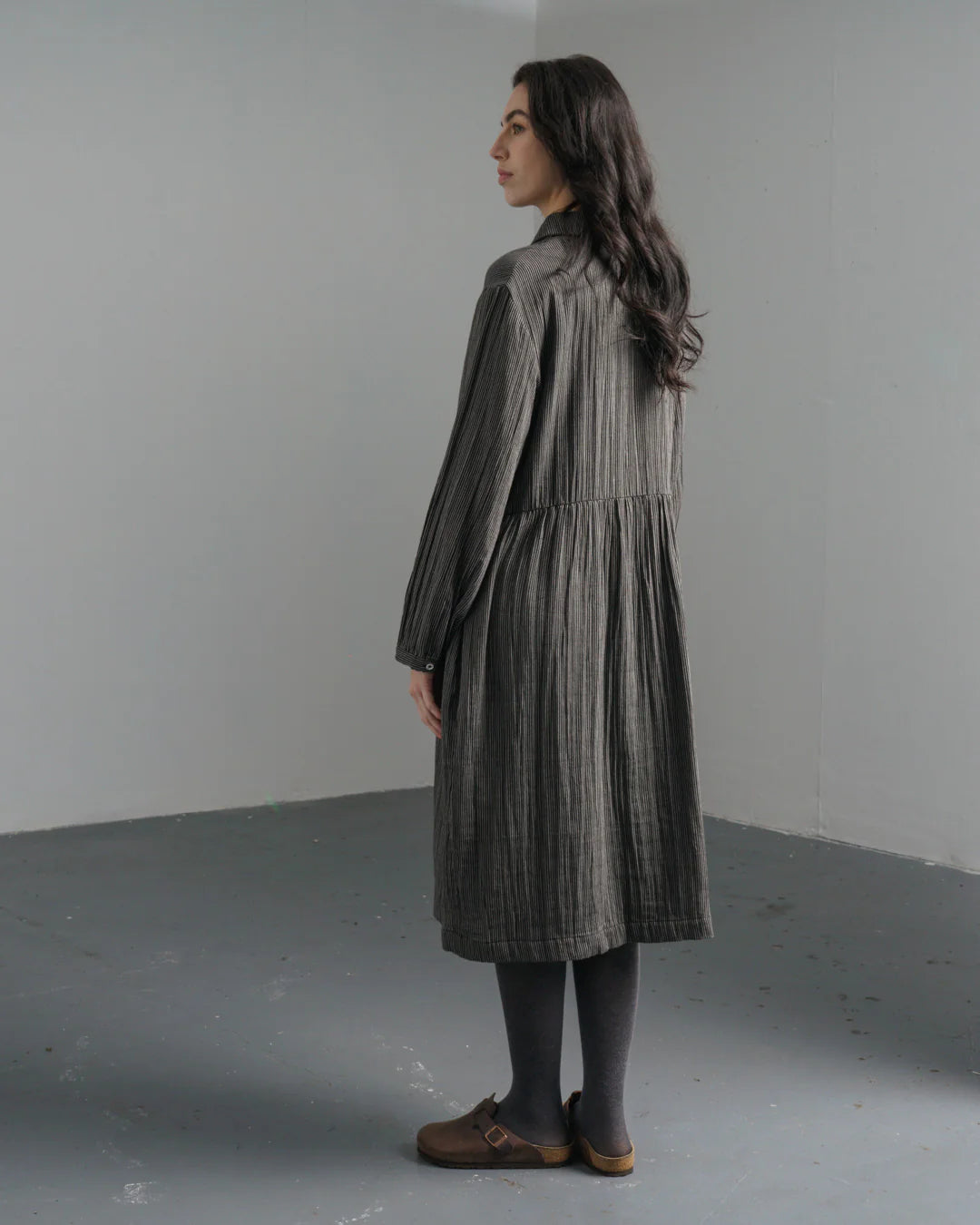 Bea 100% Organic Cotton Shirt Dress in Grey Pinstripe