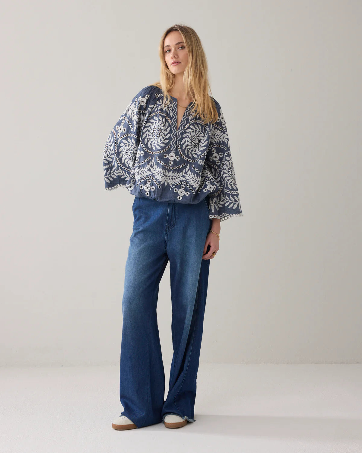 100% Cotton Chambray Top with Embroidery in Indigo