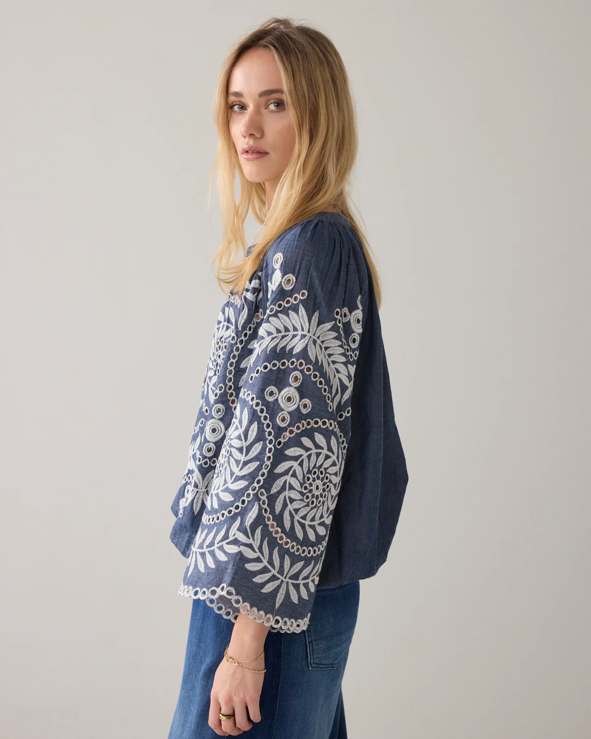 100% Cotton Chambray Top with Embroidery in Indigo