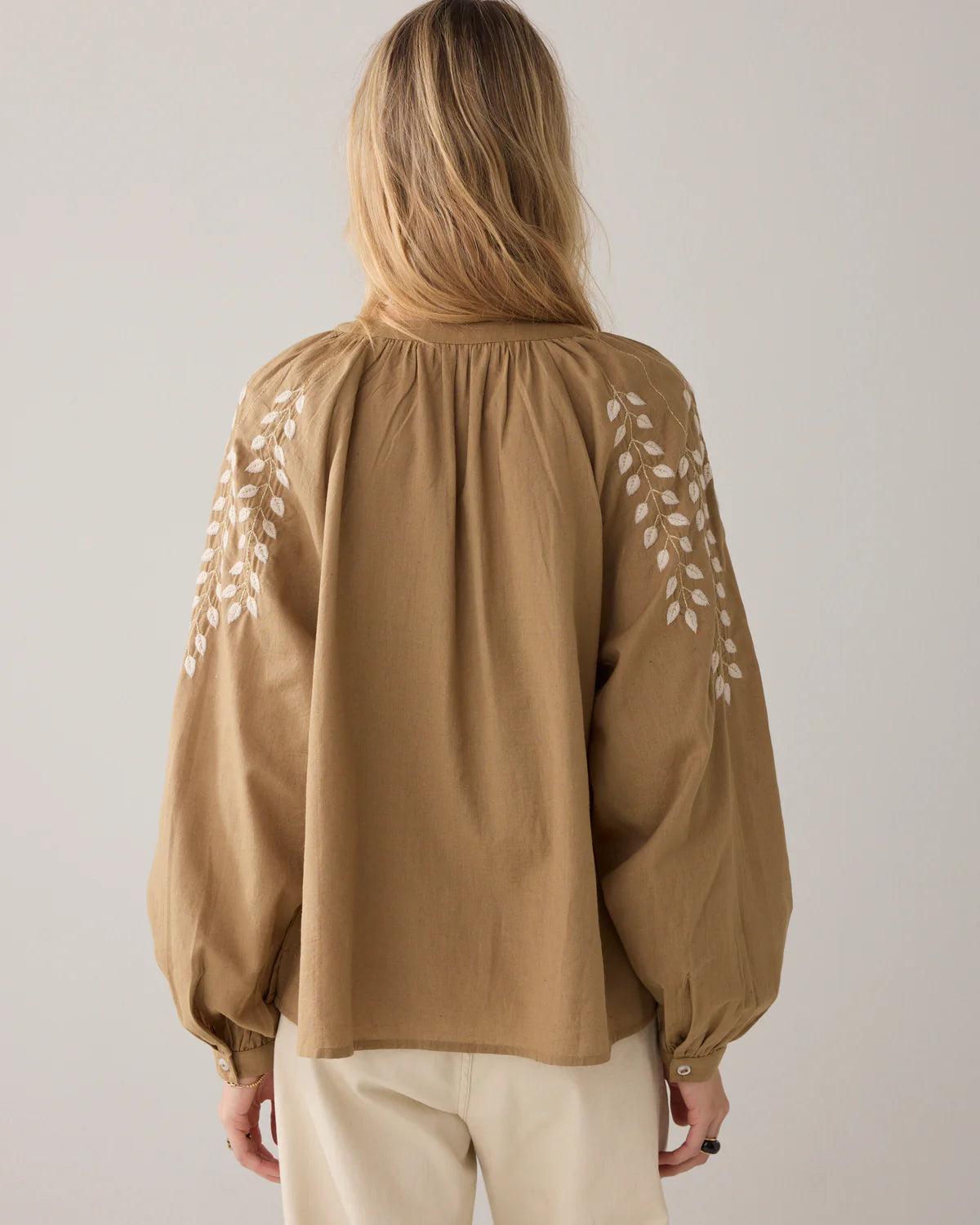 100% Cotton/Linen mix Top with Embroidery in Khaki