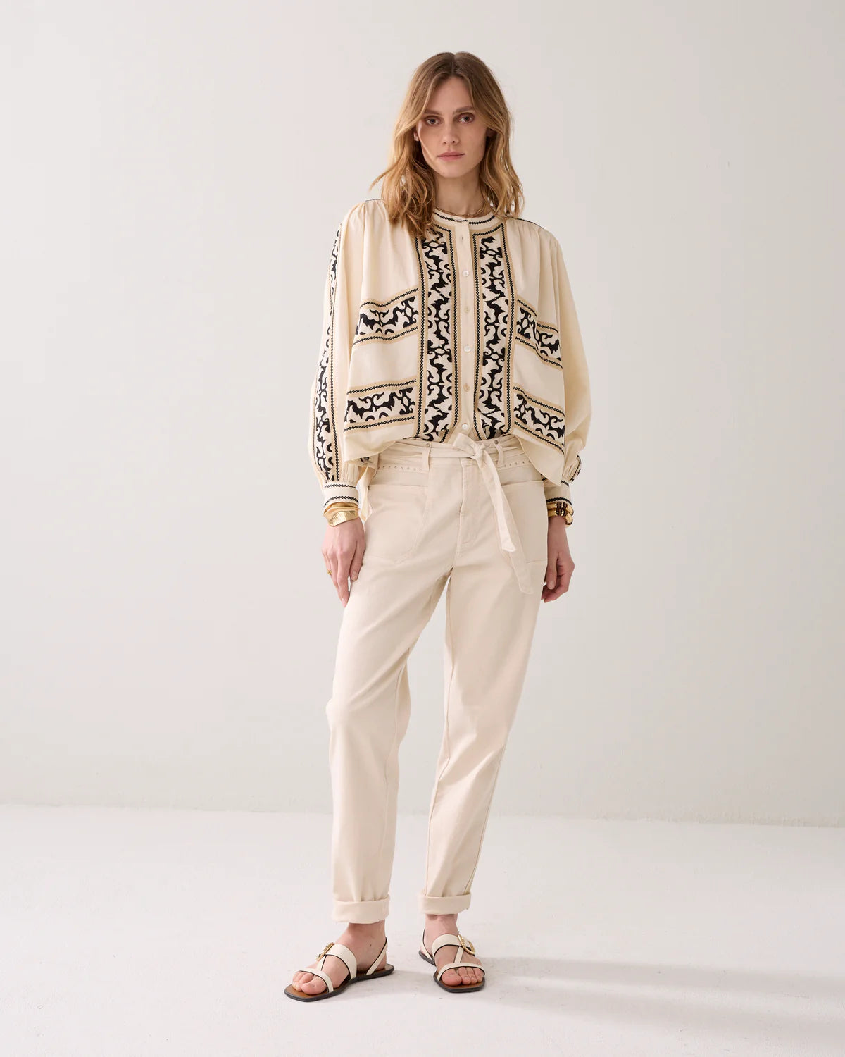 100% Cotton Embroidered Blouse in Ivory and Charcoal