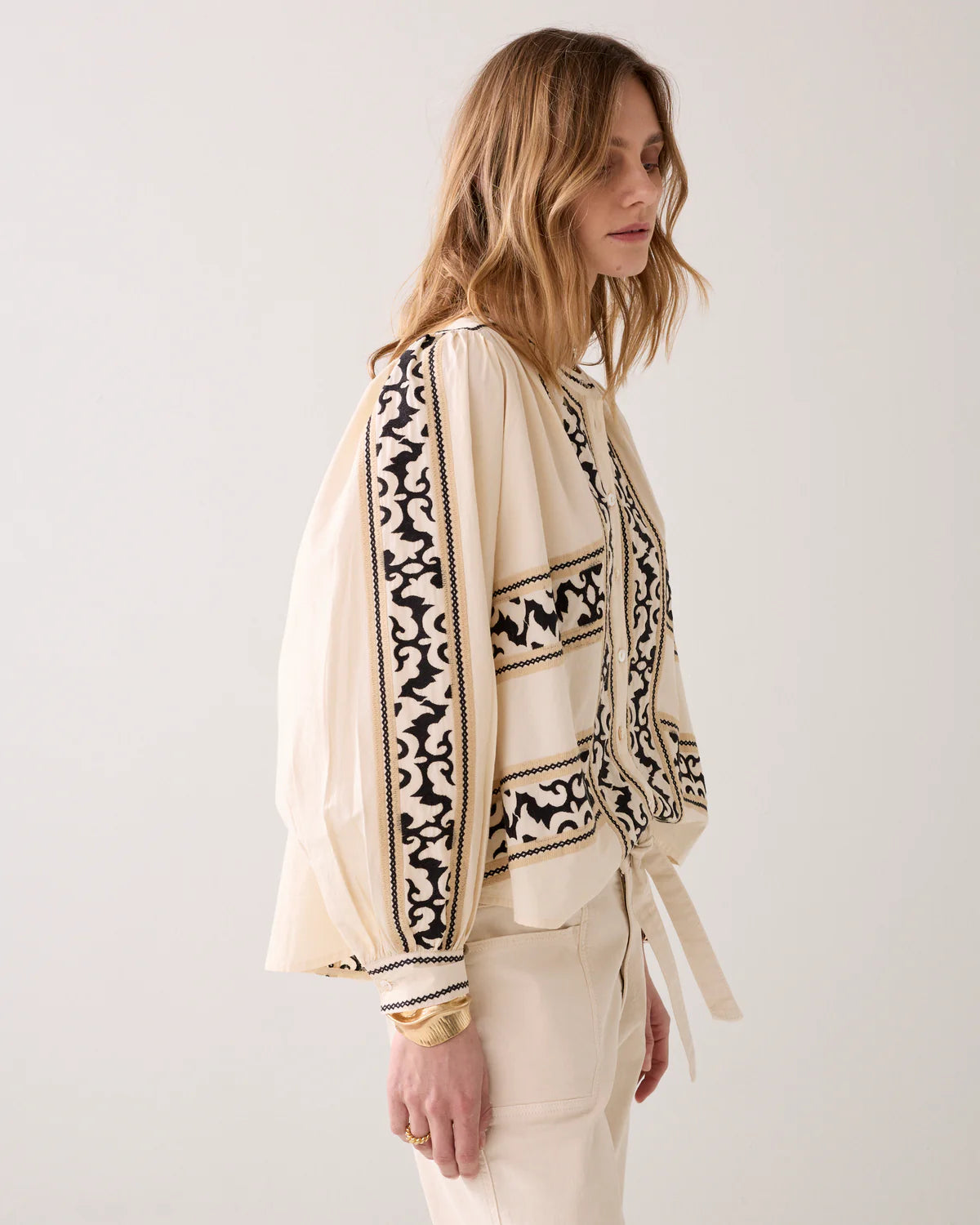 100% Cotton Embroidered Blouse in Ivory and Charcoal