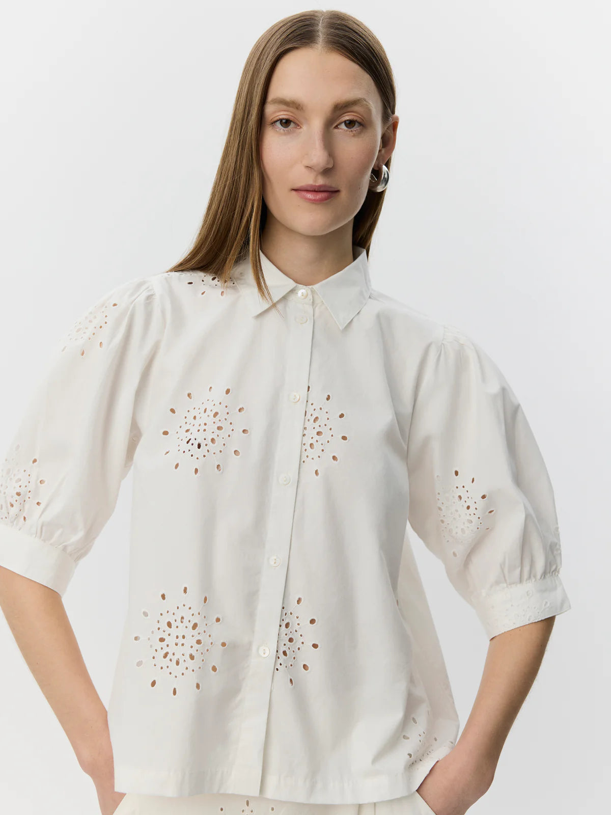 100% Broderie Anglaise Cotton Alessia Shirt in White