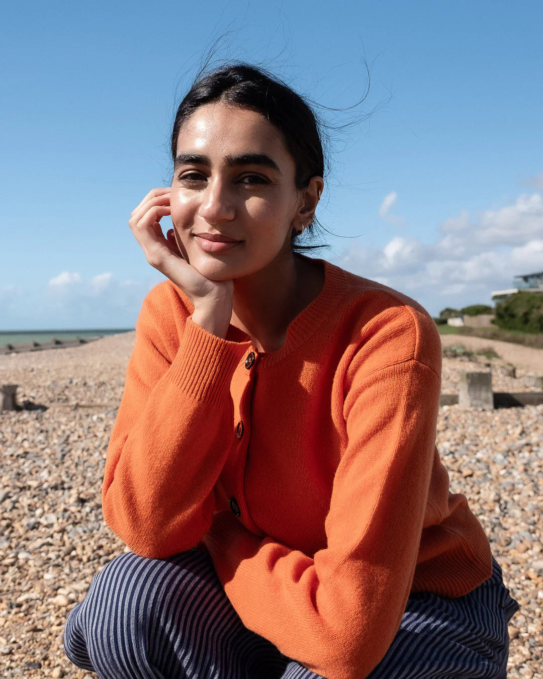 100% Merino Lambswool Eva Crew Neck Cardigan in Mandarin