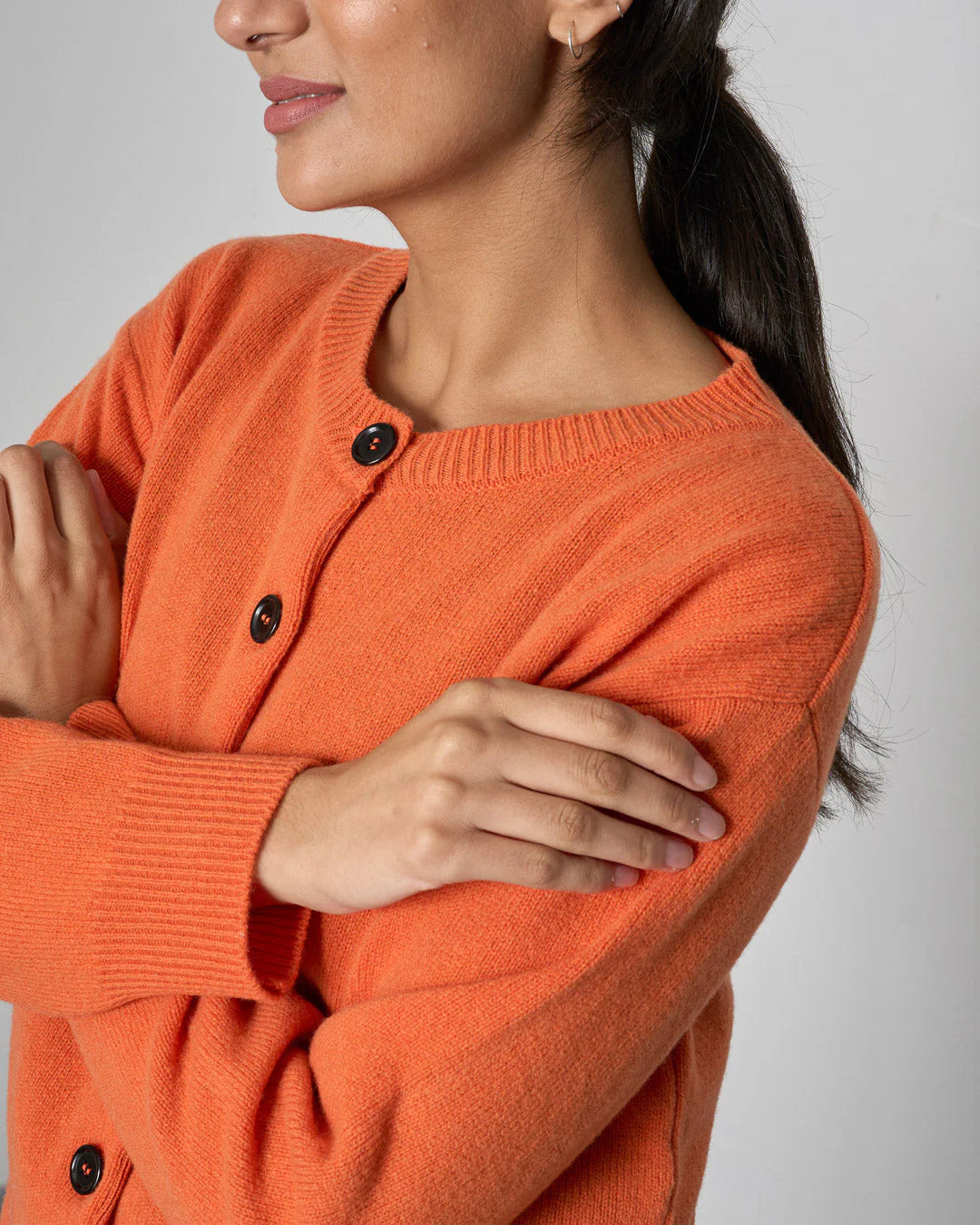 100% Merino Lambswool Eva Crew Neck Cardigan in Mandarin