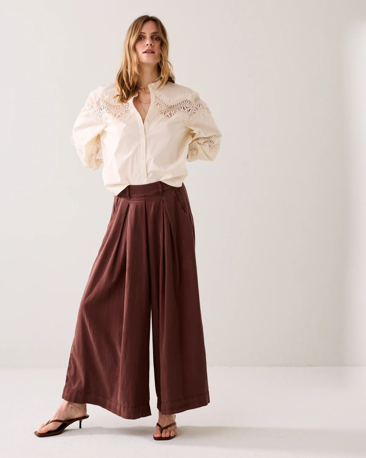 Cotton and Lyocell Wide Legged Culottes in Burgundy Brown