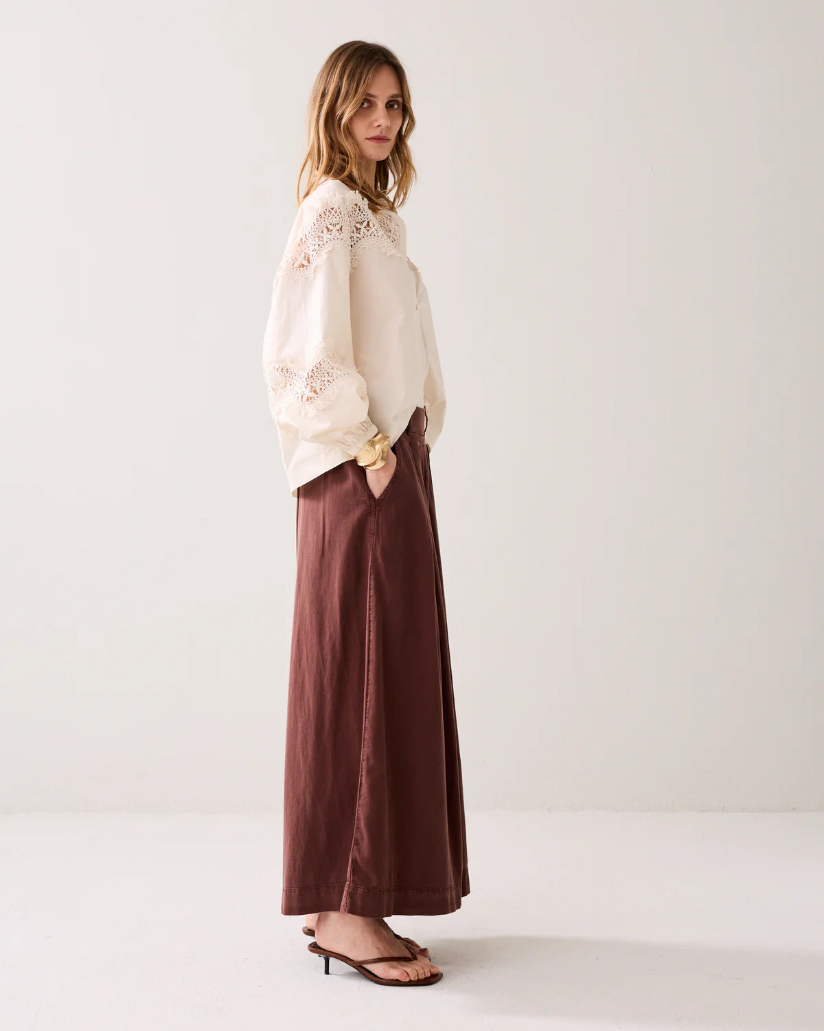 Cotton and Lyocell Wide Legged Culottes in Burgundy Brown