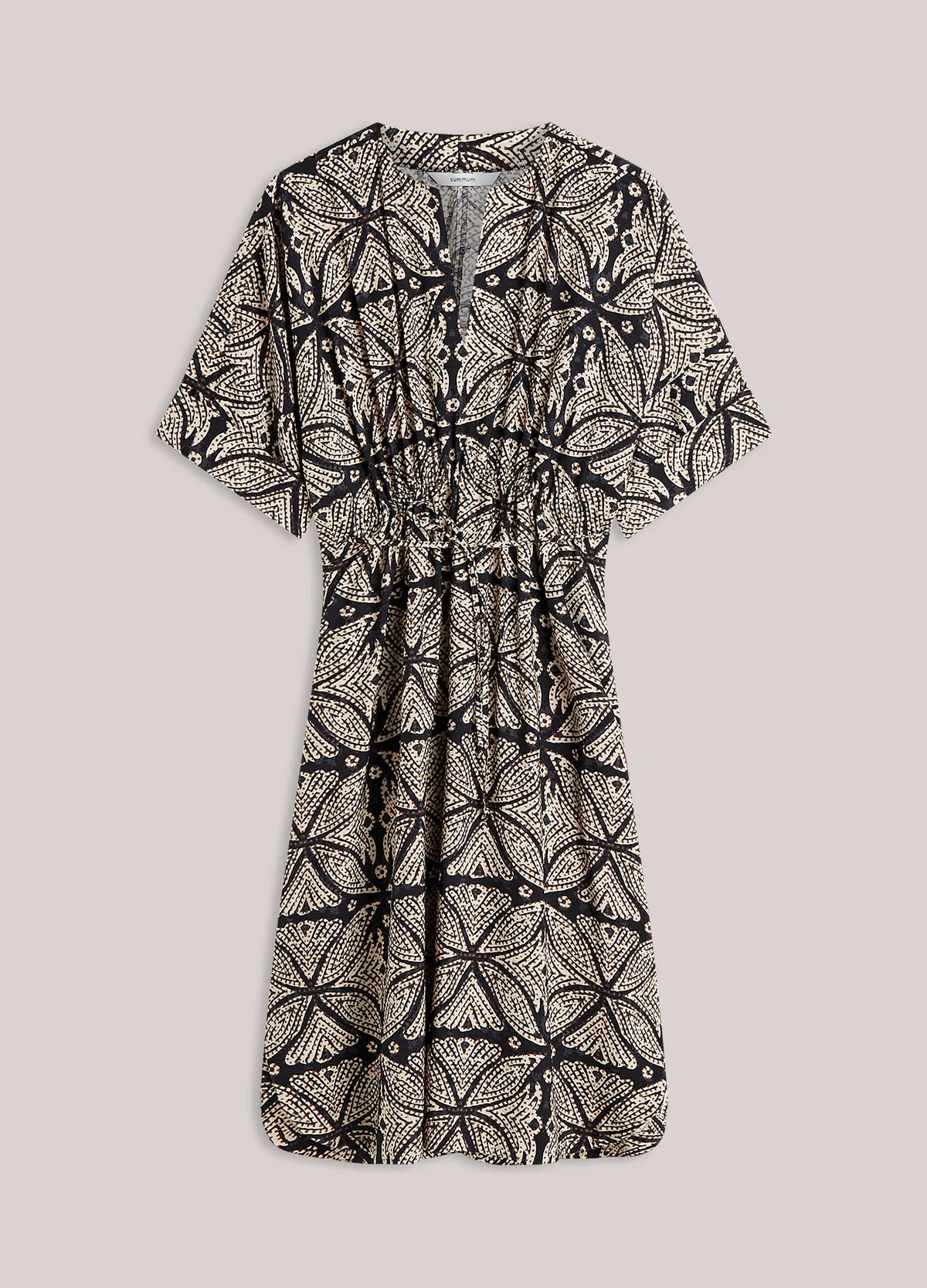 100% Viscose Mid Length Dress with pockets in brown/black print
