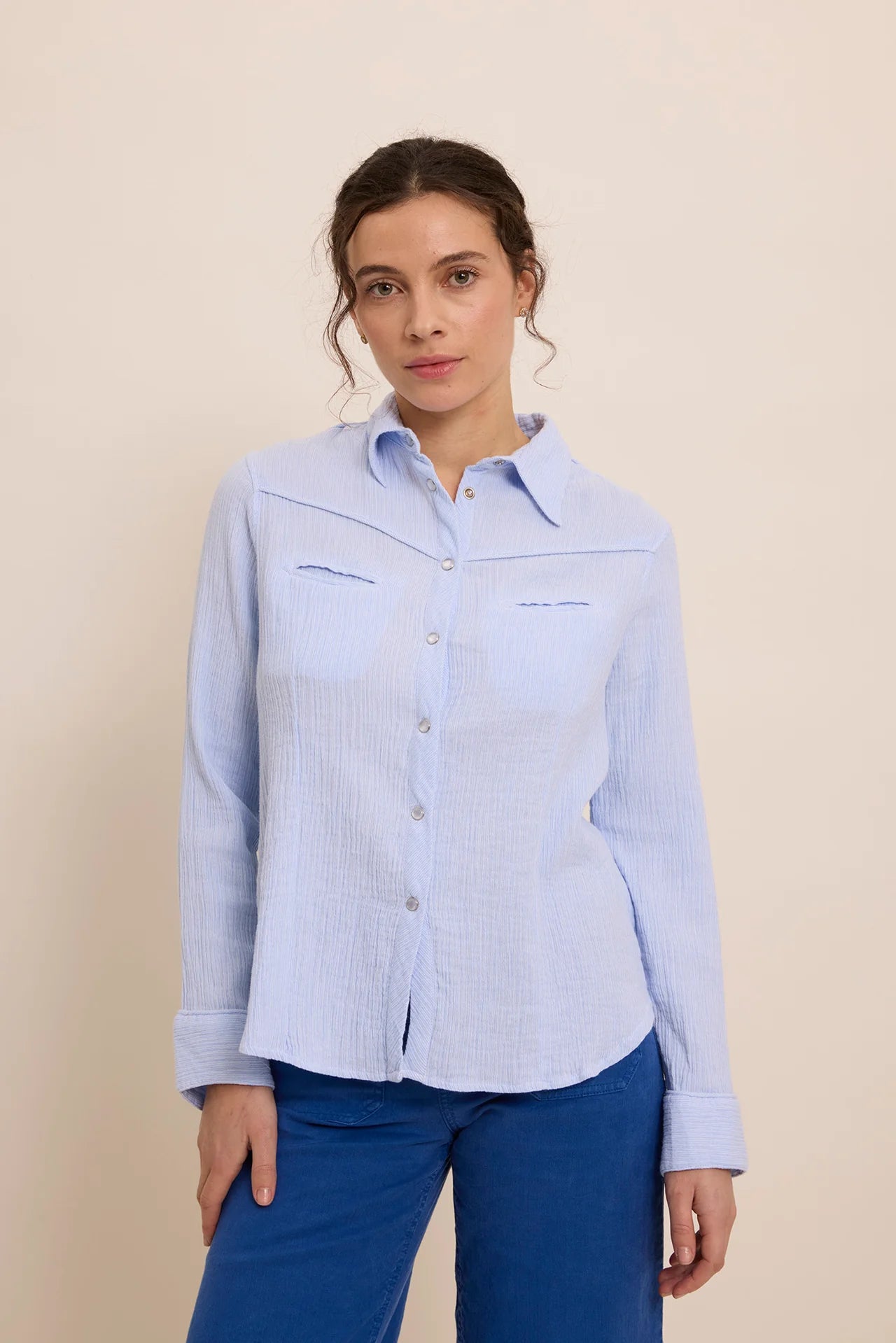 100% Cotton Gauze Cora Long Sleeve Thin Striped Shirt