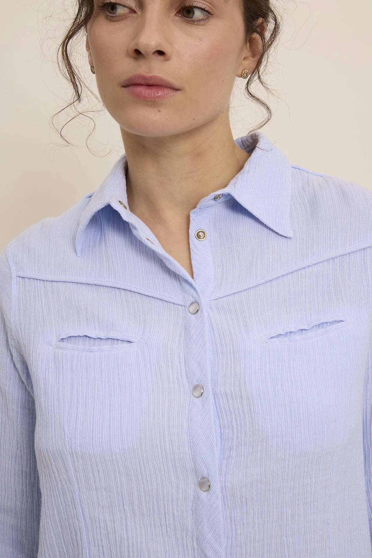 100% Cotton Gauze Cora Long Sleeve Thin Striped Shirt