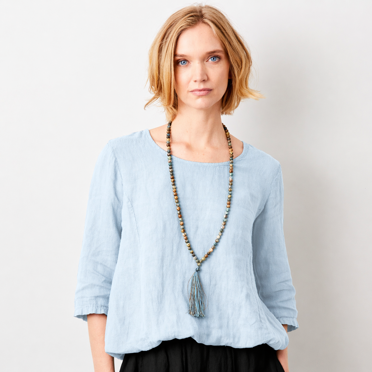 100% Linen Sonita Bubble Hem Long Sleeve Top in Cloud Blue