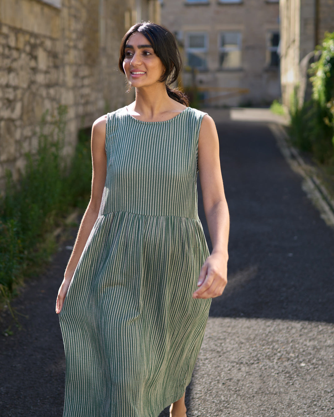 100% Organic Cotton Elaine Sleeveless Dress in Green Stripe