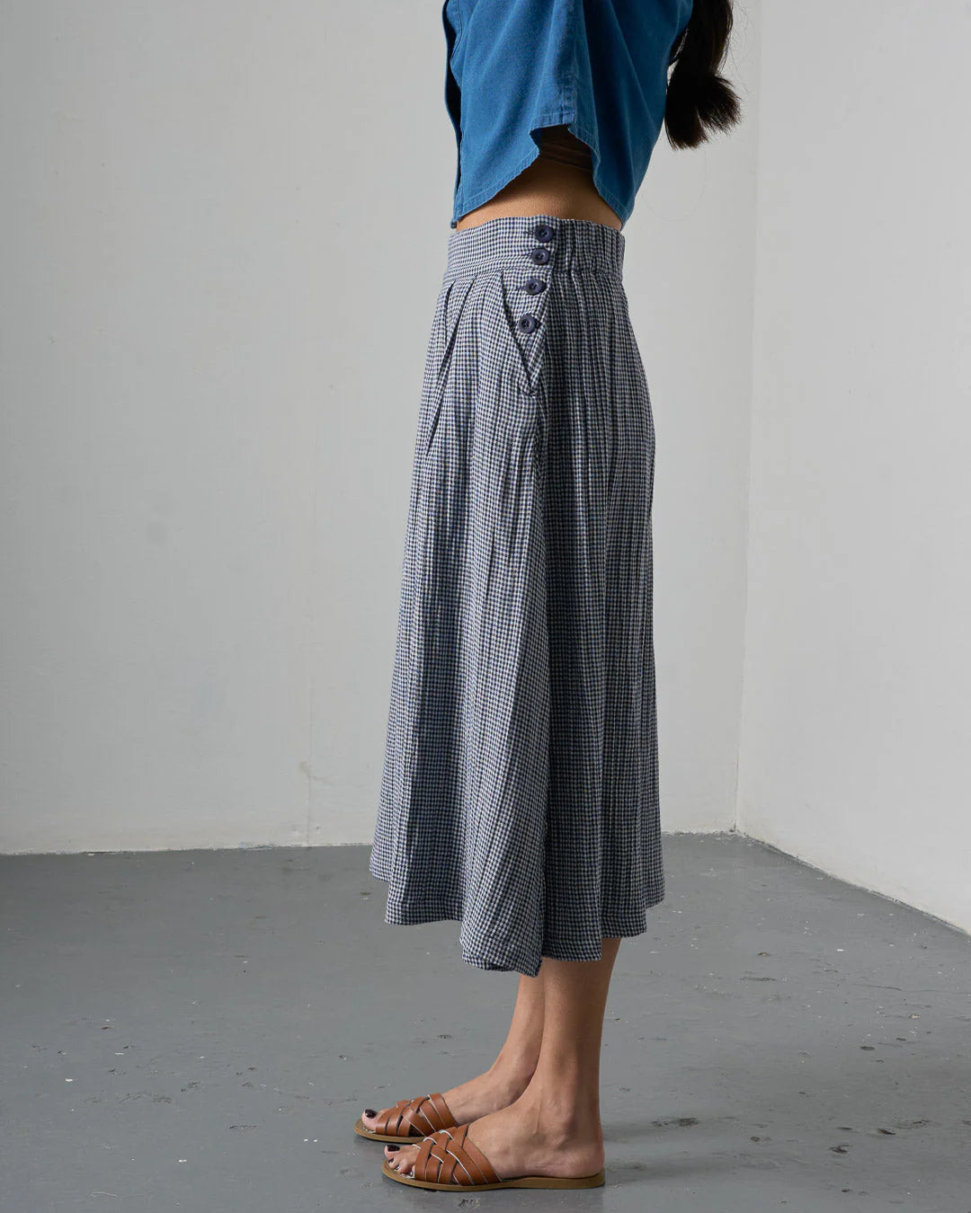 100% Cotton Wander Midi Skirt in Navy Check