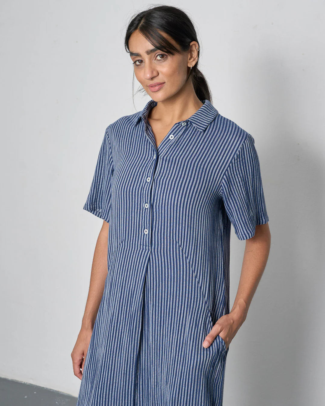 100% Cotton Alexa Shirt Dress in Navy Gingham Check