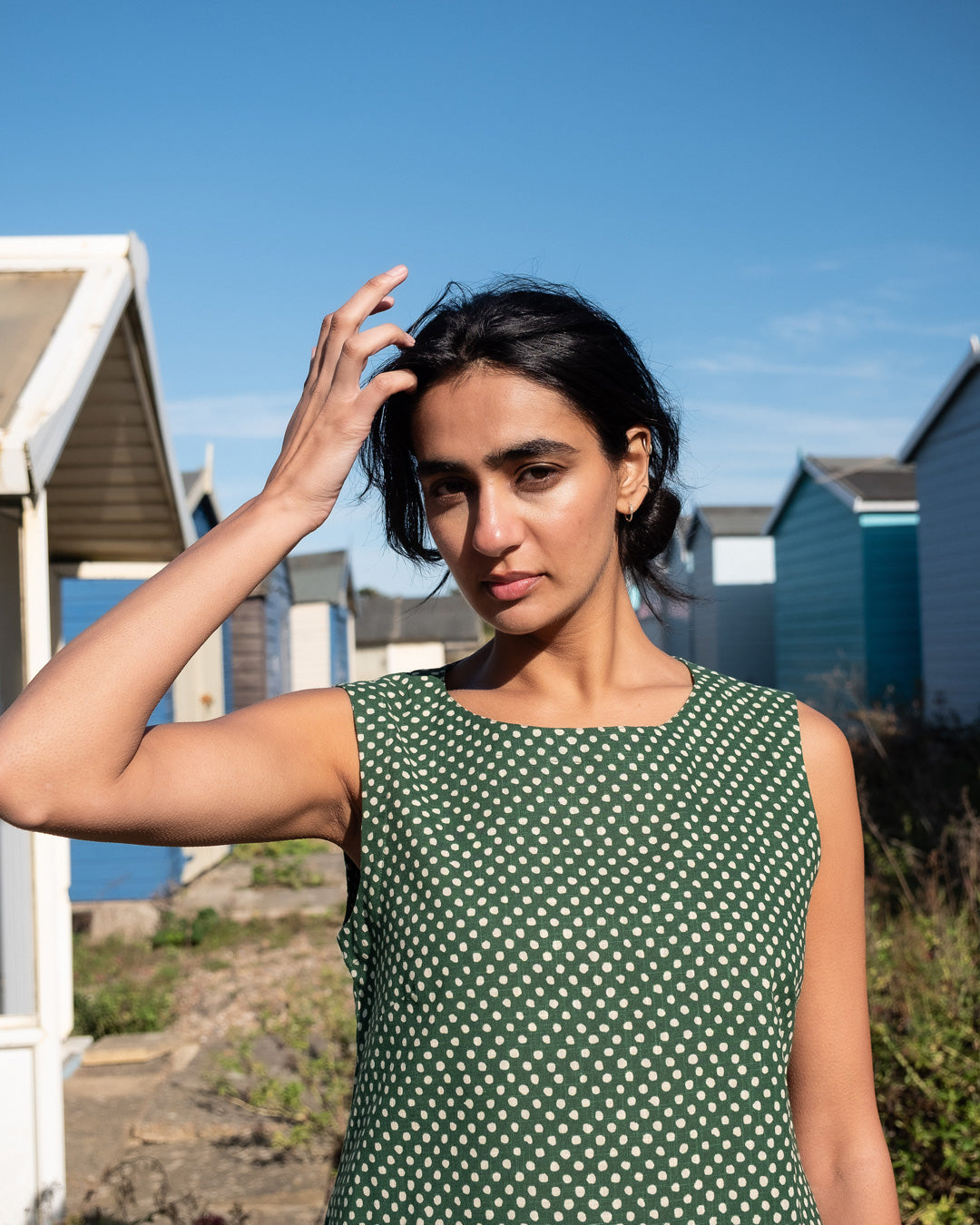 Pippa 100% Organic Cotton Sleeveless Top in Green Dot