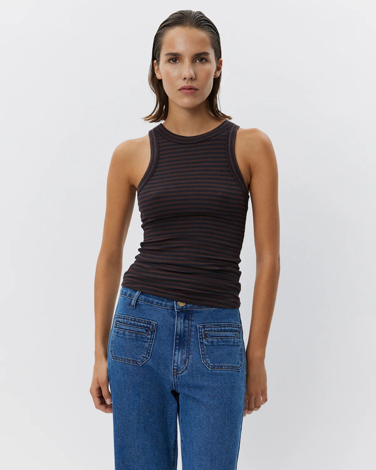 100% Cotton Viscose Jullie Vest Top in Dark Brown and Black Stripe
