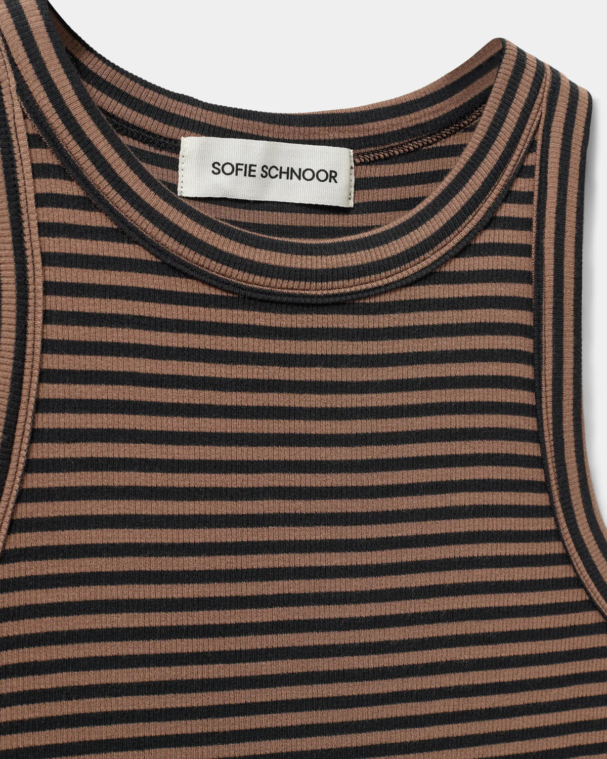 100% Cotton Viscose Jullie Vest Top in Light Brown and Black Stripe