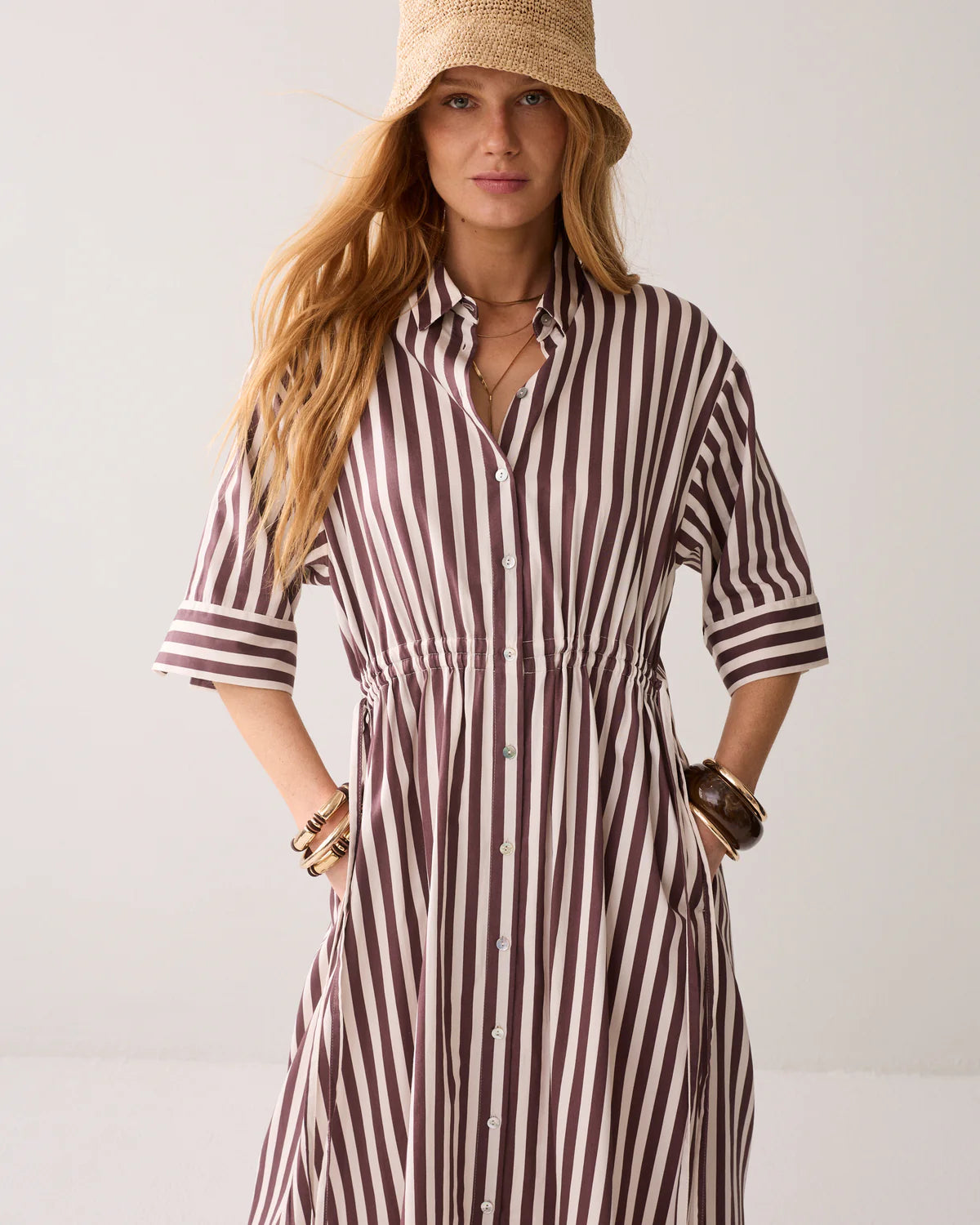 100% Cotton Striped Dress in Deep Fig pockets