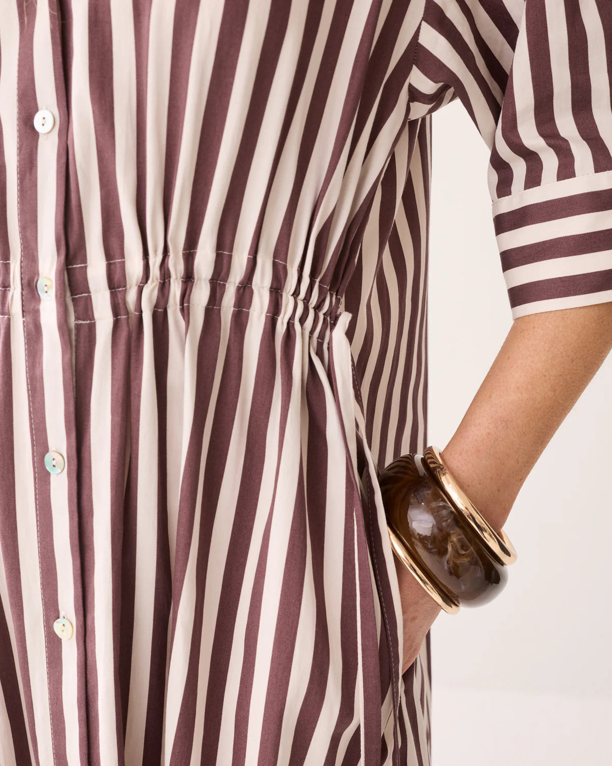 100% Cotton Striped Dress in Deep Fig pockets