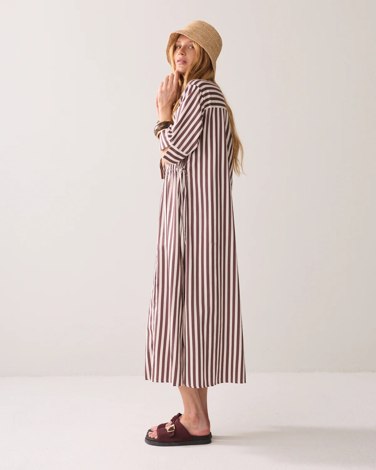 100% Cotton Striped Dress in Deep Fig pockets