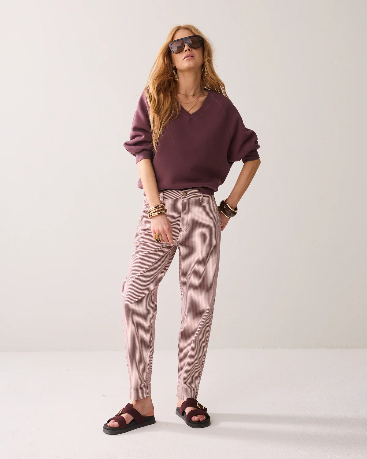 100% Cotton Striped Chinos in Deep Fig