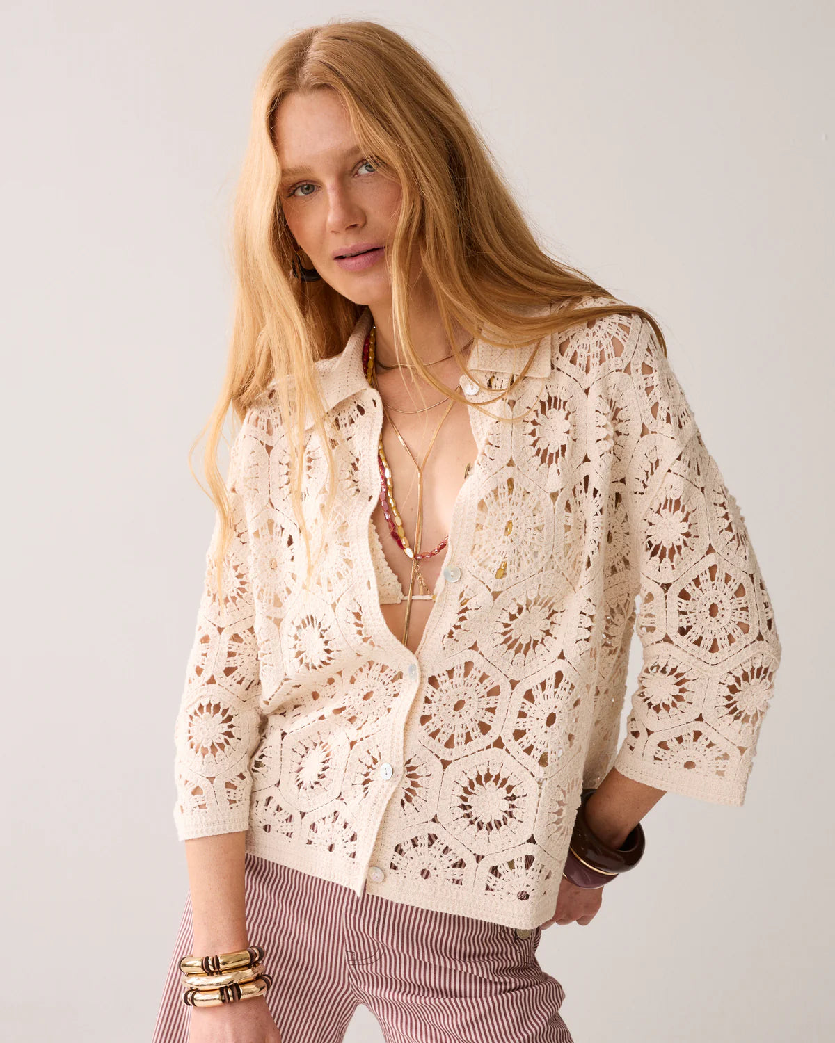 100% Cotton Crochet Cardigan in Pebble Beige